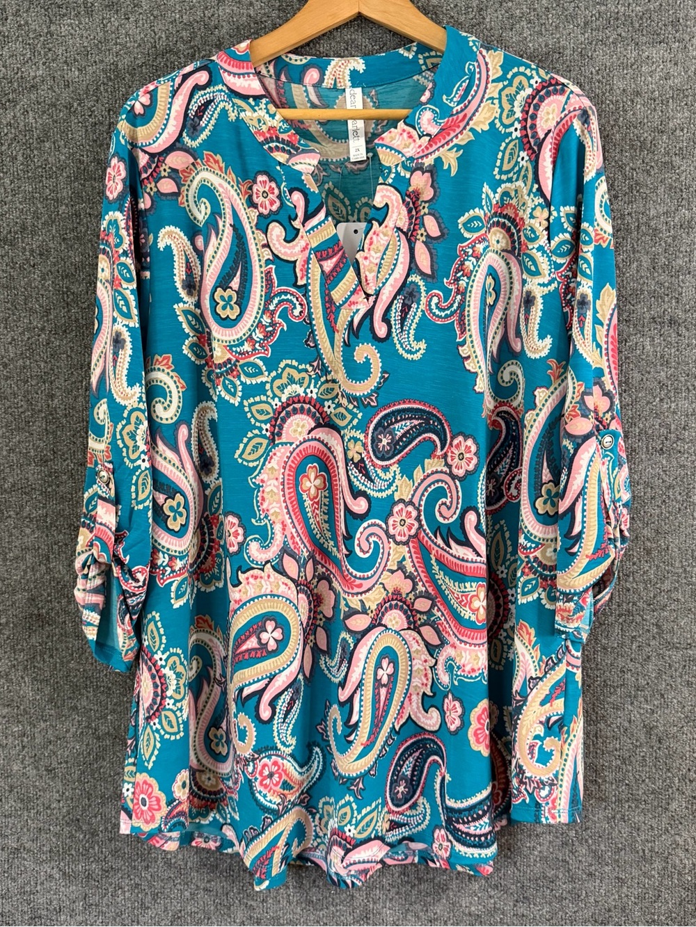 Dear Scarlett Womens 2X Paisley Top Blue Pink 3/4 Sleeve V Neck Office Casual